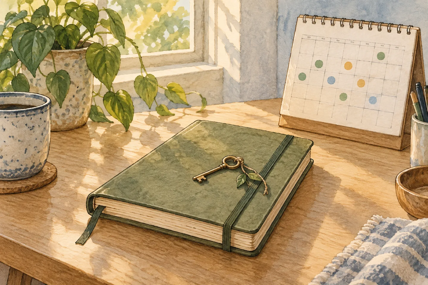 Illustration of a closed private journal beside a calendar